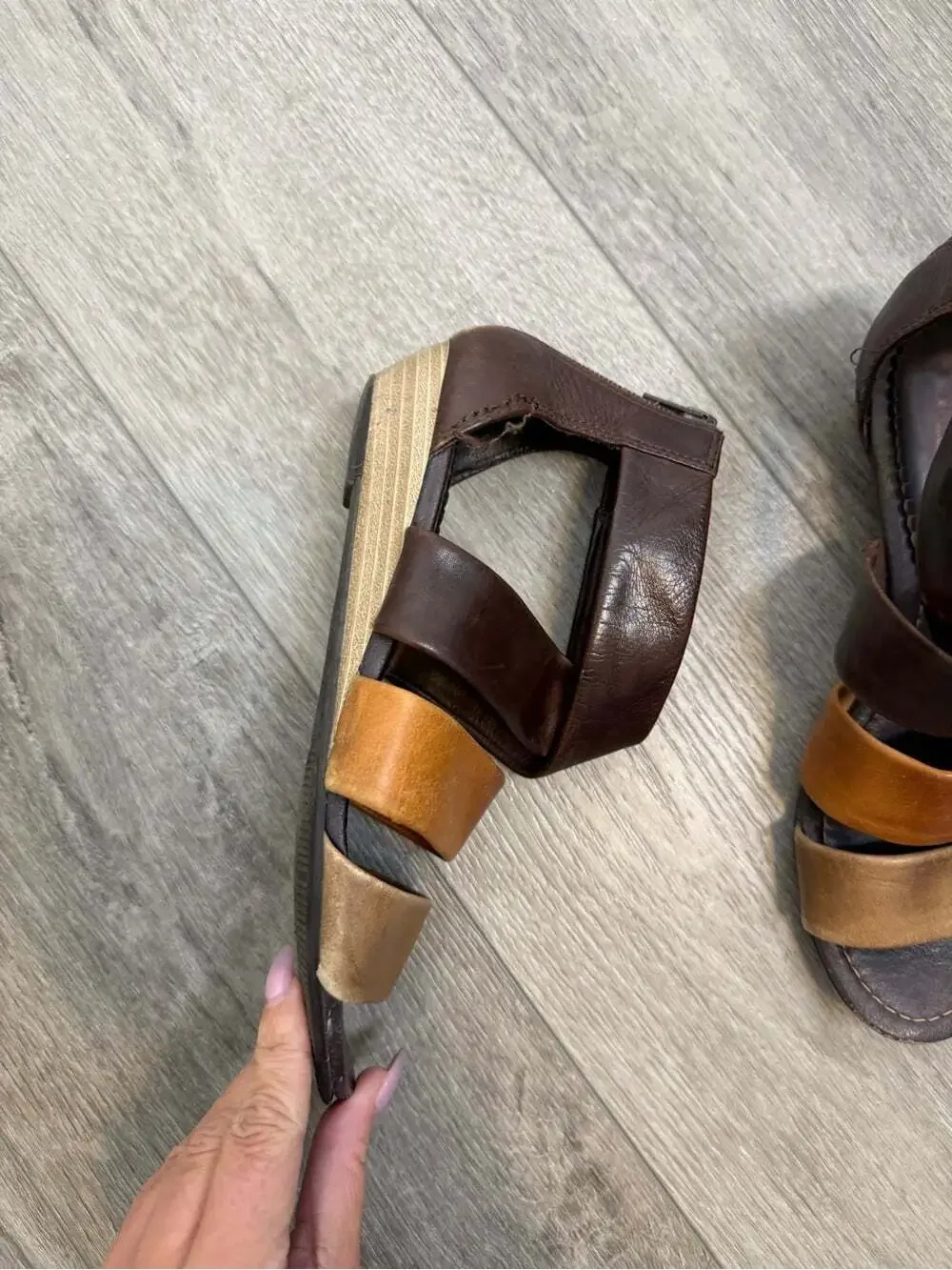 PIKOLINOS Two-Tone Leather Wedge Sandals - Dark Brown & Tan size 38